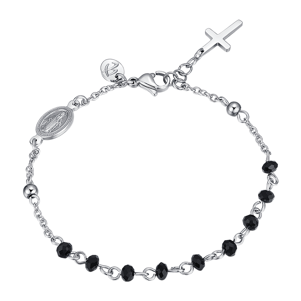 HERRENARMBAND AUS STAHL MIT ROSENKRANZ, KREUZANHÄNGER UND SCHWARZEN KRISTALLEN