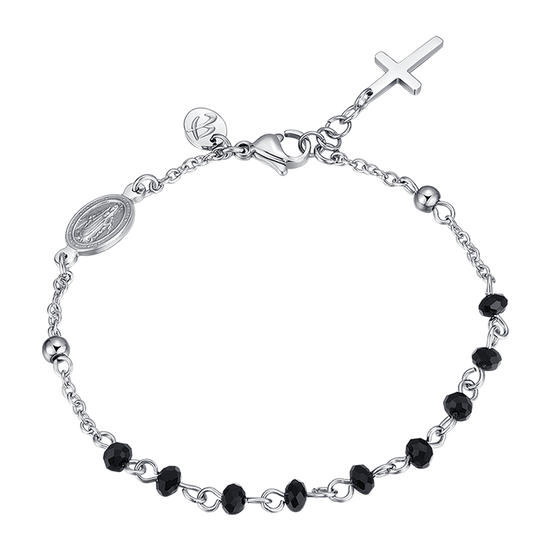 HERRENARMBAND AUS STAHL MIT ROSENKRANZ, KREUZANHÄNGER UND SCHWARZEN KRISTALLEN