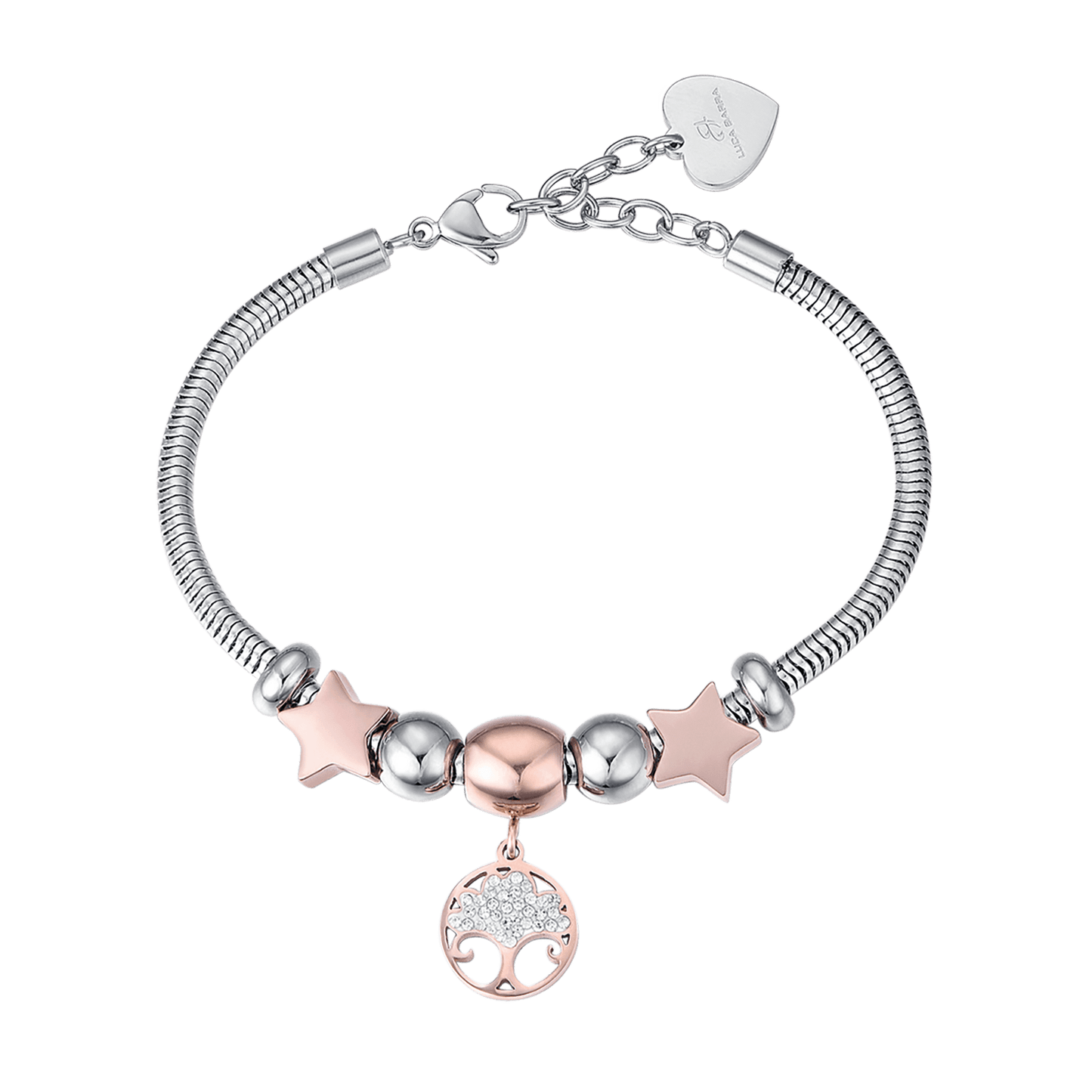 STAHL-ARMBAND FÜR FRAUEN MIT BAUM DES LEBENS IP ROSEN UND WEISSEN KRISTALLEN UND S