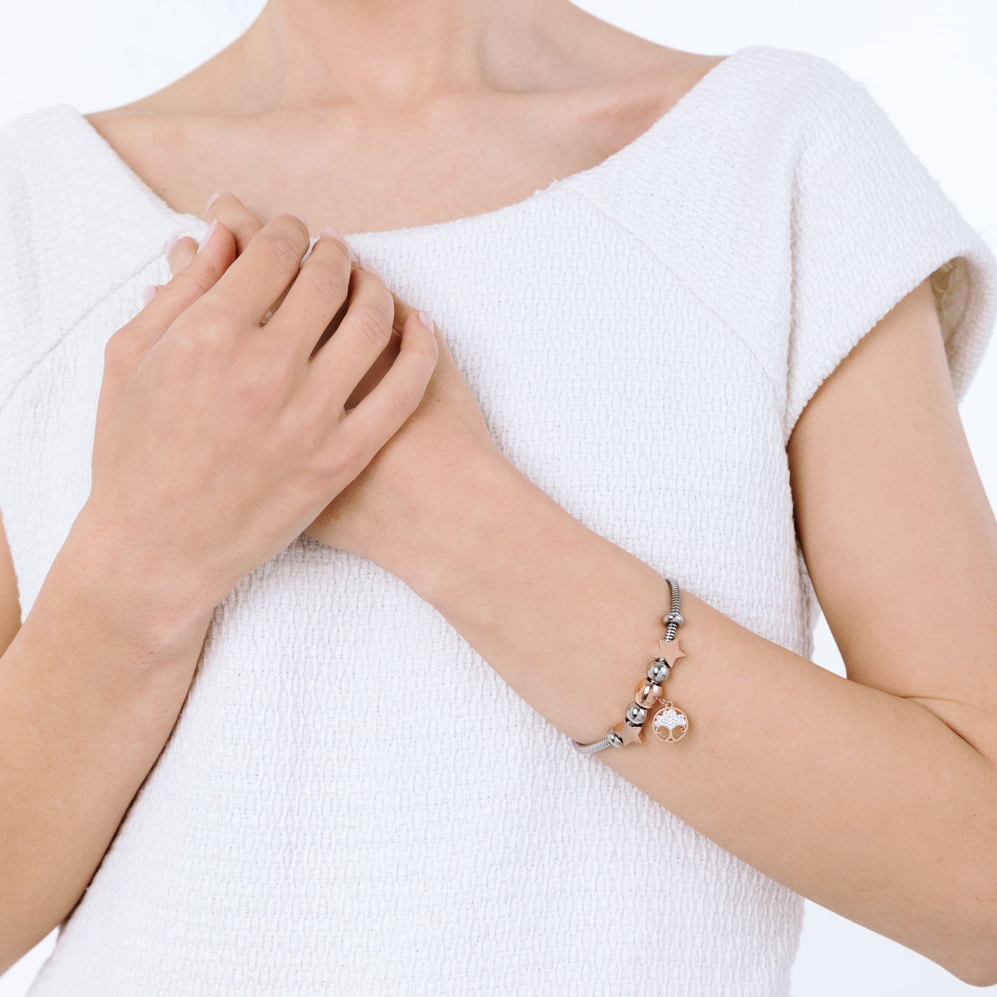 STAHL-ARMBAND FÜR FRAUEN MIT BAUM DES LEBENS IP ROSEN UND WEISSEN KRISTALLEN UND S