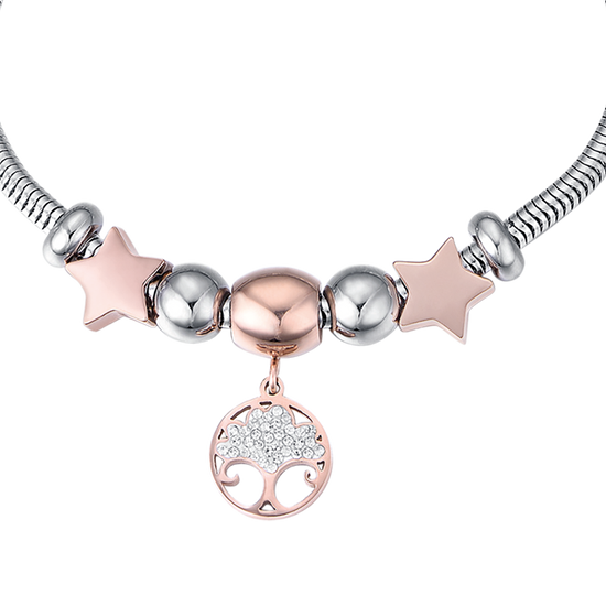 STAHL-ARMBAND FÜR FRAUEN MIT BAUM DES LEBENS IP ROSEN UND WEISSEN KRISTALLEN UND S