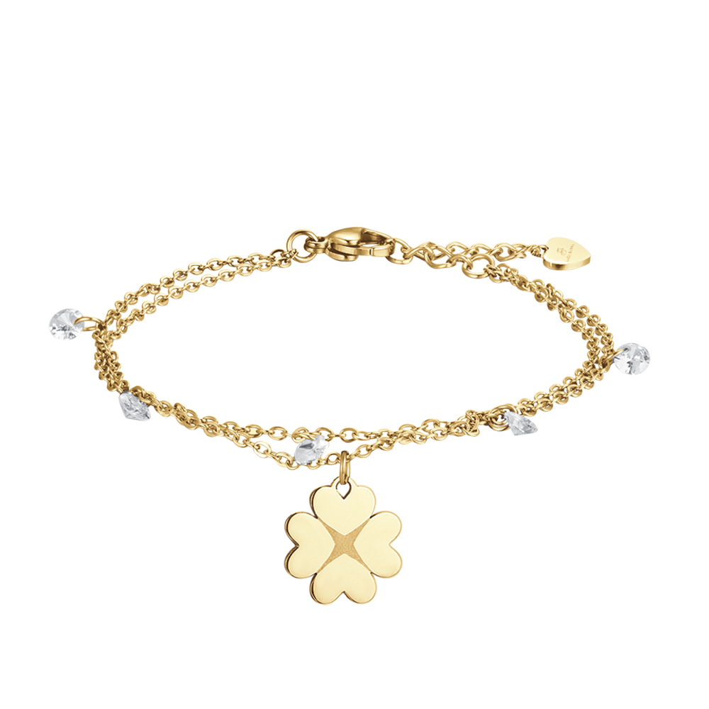 IP GOLD STAHL DAMENARMBAND MIT VIERBLÄTTRIGEM KLEEBLATT UND KRISTALLEN