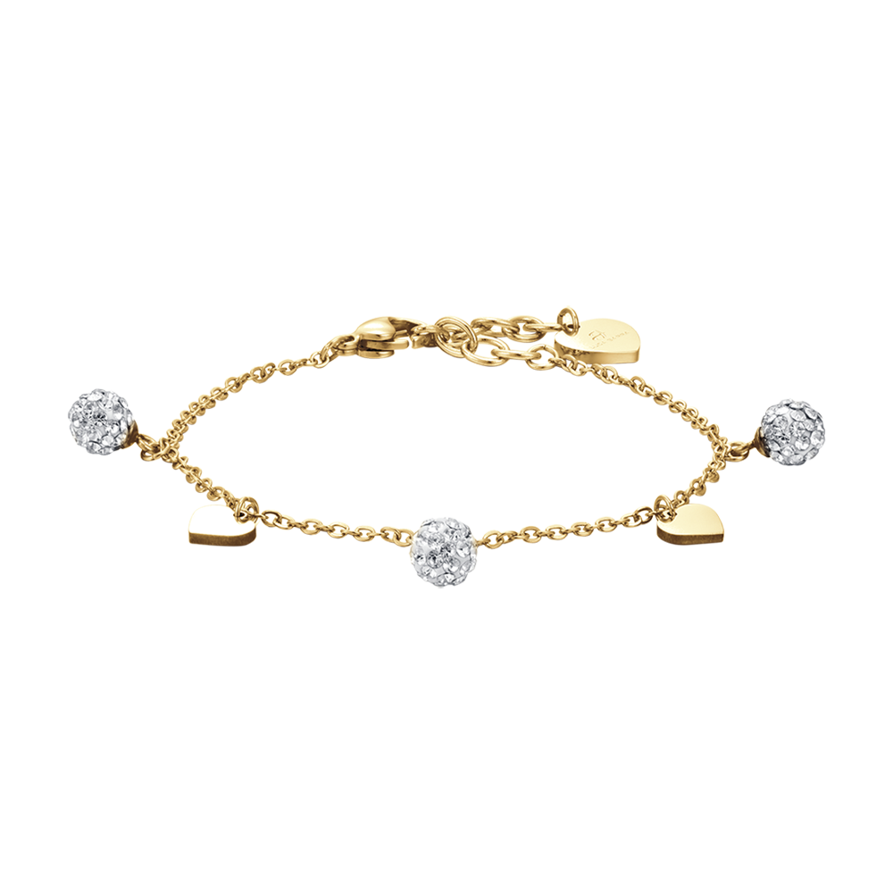 IP GOLD STAHL DAMENARMBAND MIT HERZEN UND WEISSEN KRISTALLEN