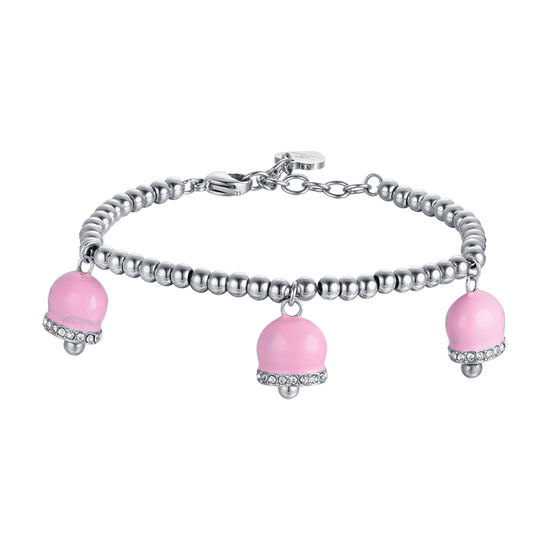 DAMENARMBAND AUS STAHL MIT ROSA EMAILLE-GLOCKEN UND WEISSEN KRISTALLEN