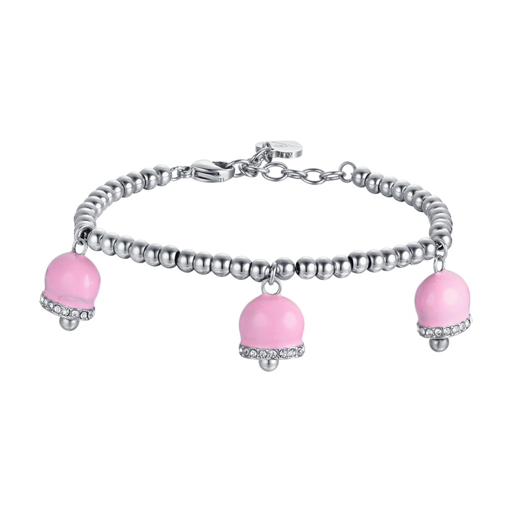 DAMENARMBAND AUS STAHL MIT ROSA EMAILLE-GLOCKEN UND WEISSEN KRISTALLEN