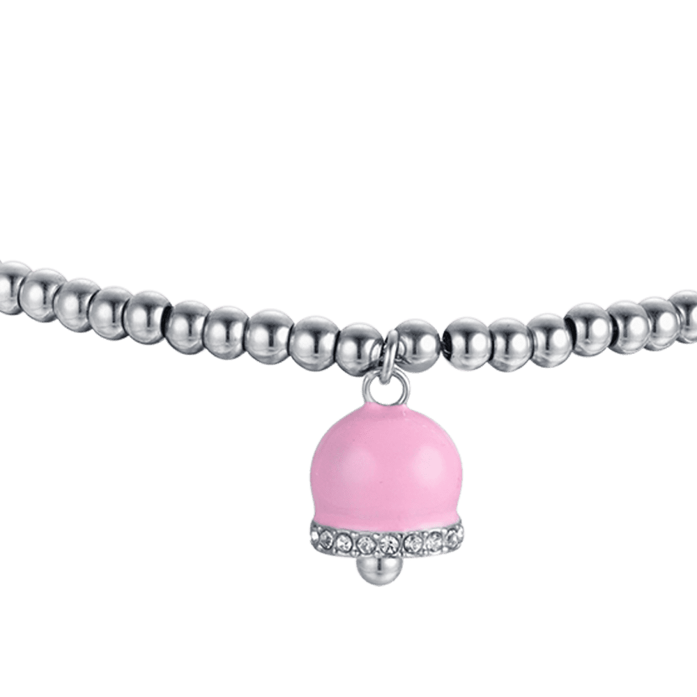 DAMENARMBAND AUS STAHL MIT ROSA EMAILLE-GLOCKEN UND WEISSEN KRISTALLEN