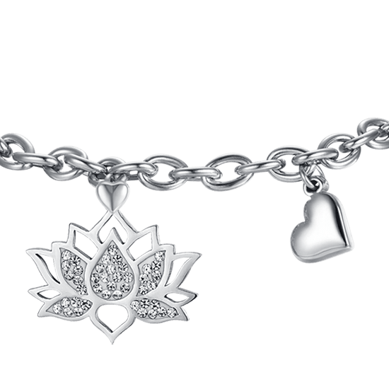 DAMENARMBAND AUS STAHL MIT LOTUSBLUME UND WEISSEN KRISTALLEN