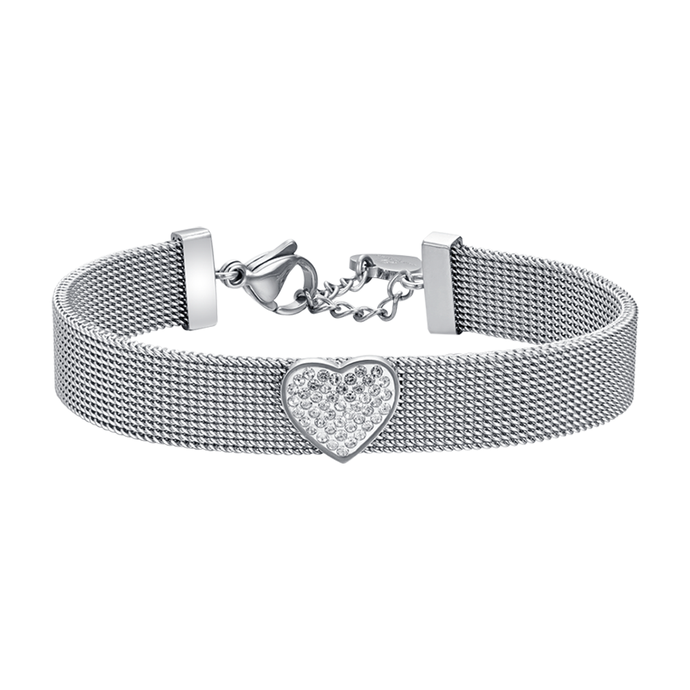 MILANO STEEL MESH DAMENARMBAND MIT HERZ MIT WEISSEN KRISTALLEN