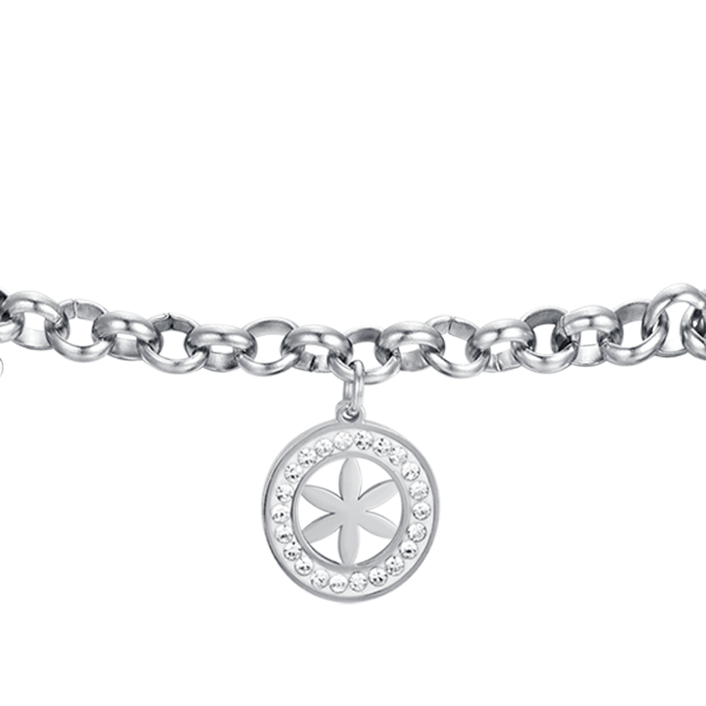 DAMENARMBAND AUS STAHL MIT BLUME DES LEBENS UND WEISSEN KRISTALLEN