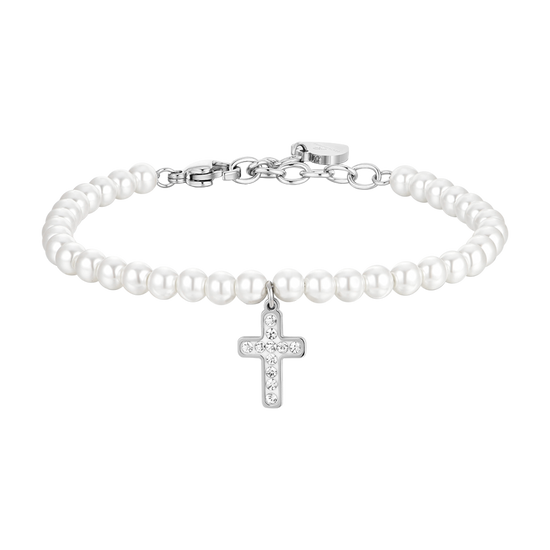 DAMEN BRACELET AUS STAHL PERLEN UND KREUZ Luca Barra