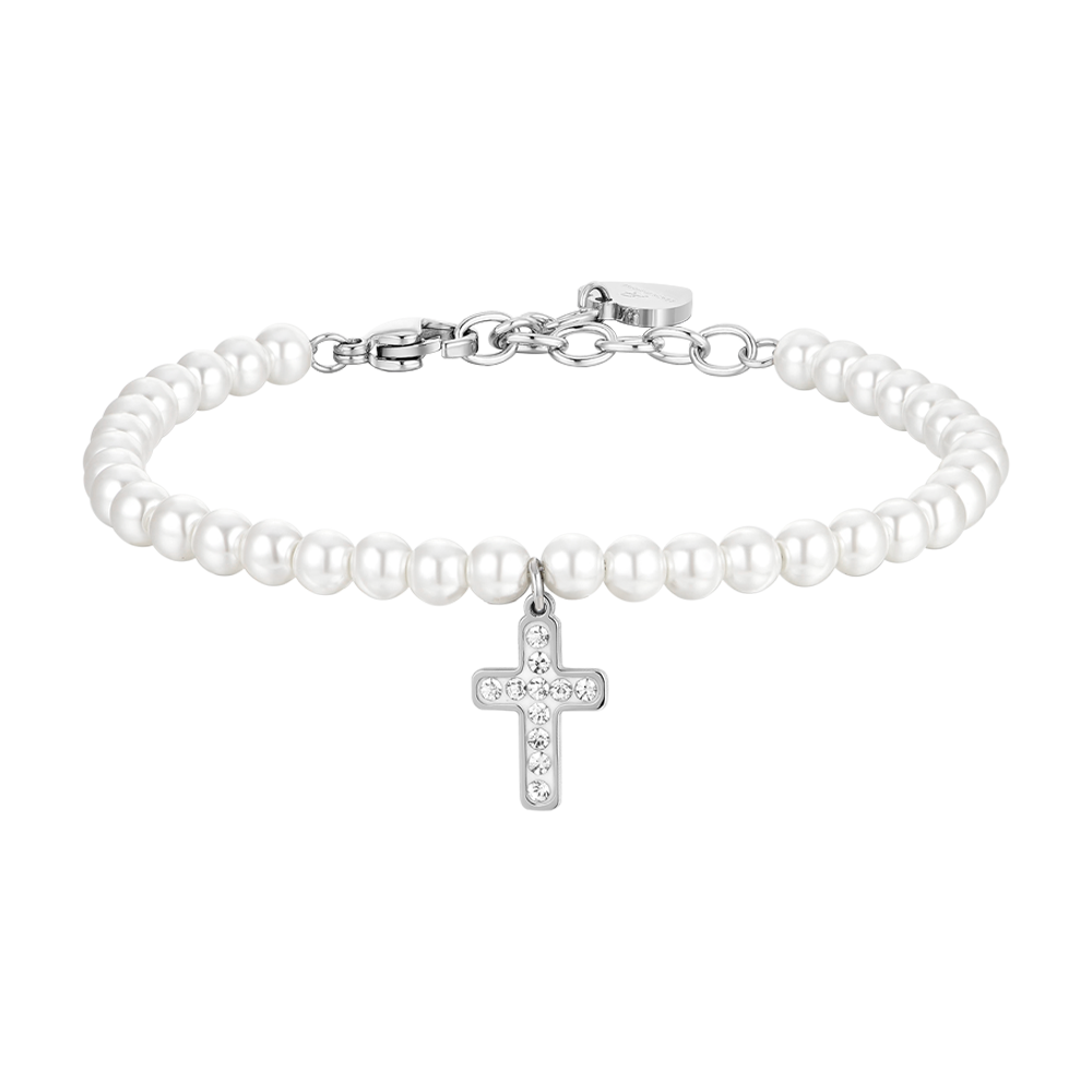 DAMEN BRACELET AUS STAHL PERLEN UND KREUZ Luca Barra