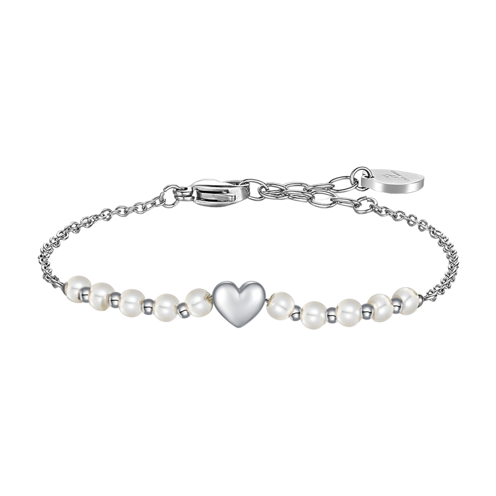 BRACCIALE DONNA IN ACCIAIO E PERLE BIANCHE CON CUORE