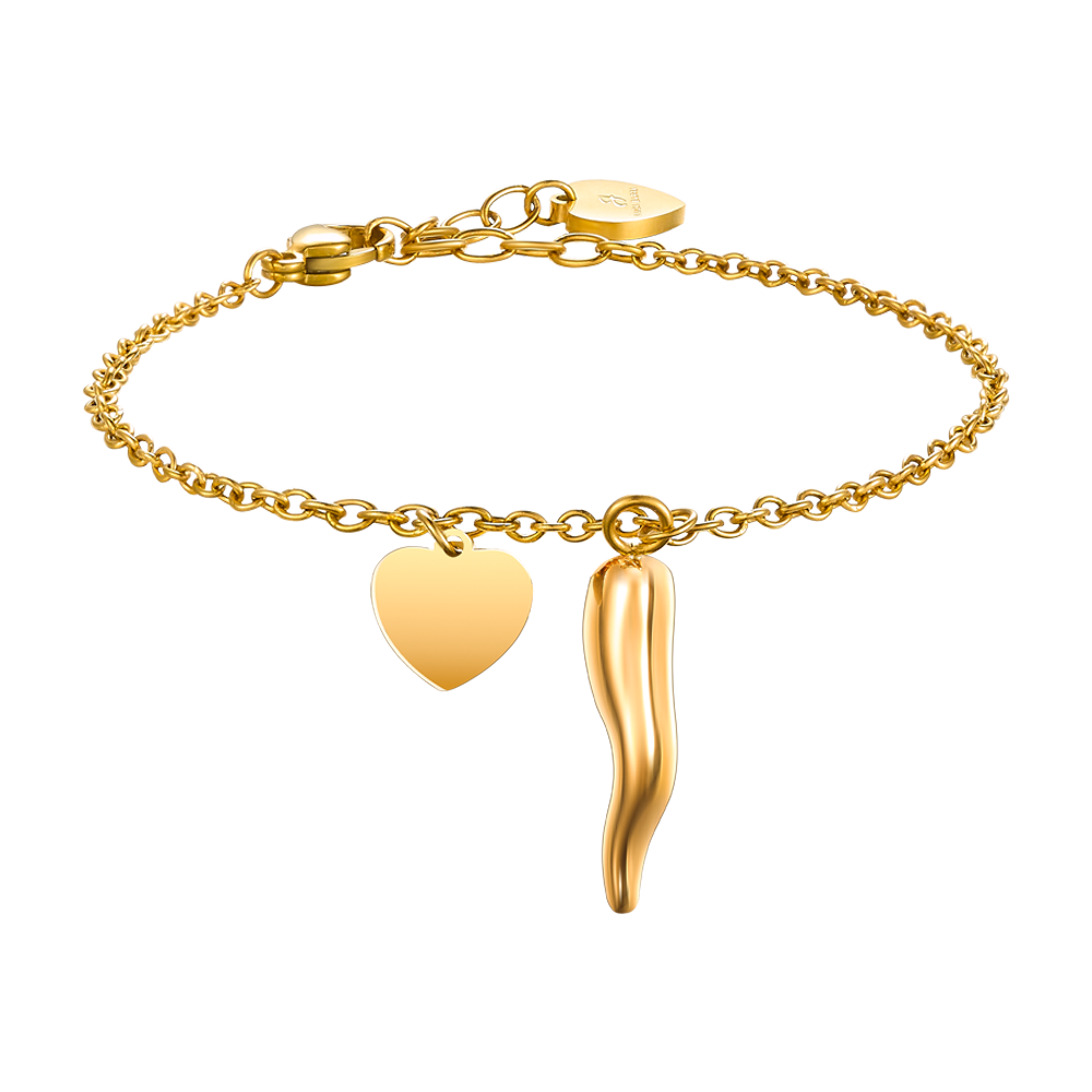 BRACCIALE DONNA IN ACCIAIO E IP GOLD CON CORNO E CUORE