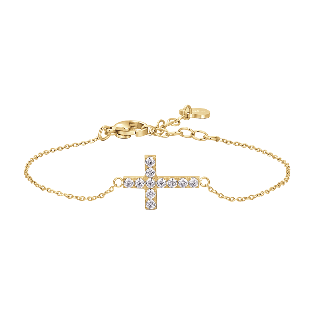 BRACCIALE DONNA IN ACCIAIO E IP GOLD CON CROCE E ZIRCONI BIANCHI