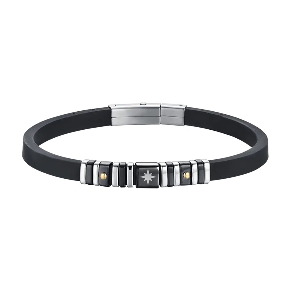 SCHWARZES ARMBAND AUS SILIKON FÜR HERREN MIT STAHLELEMENTE UND SCHWARZEN UND WINDROSEN Luca Barra