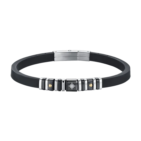 SCHWARZES ARMBAND AUS SILIKON FÜR HERREN MIT STAHLELEMENTE UND SCHWARZEN UND WINDROSEN Luca Barra