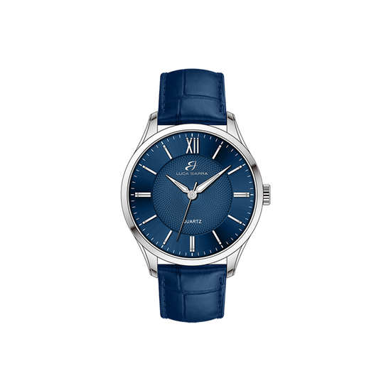 HERRENUHR MIT STAHLBLAUEM LEDERARMBAND Luca Barra