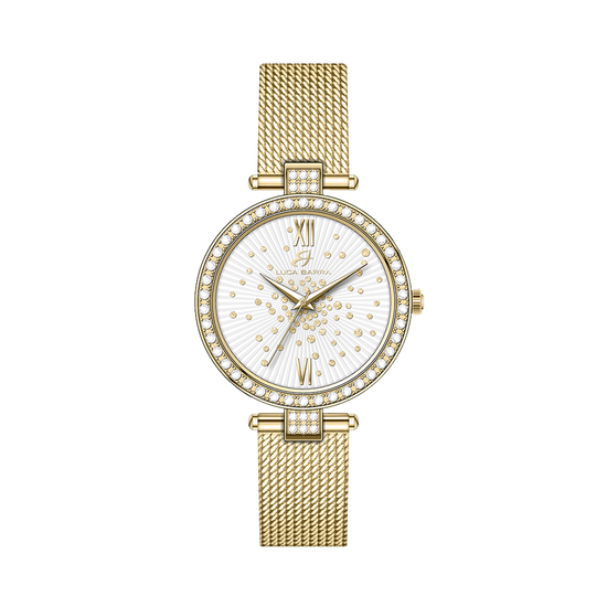 DAMEN IP GOLD STAHL UHR WEISS KRISTALL LÜNETTE