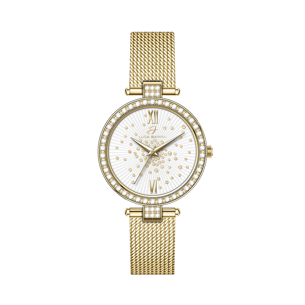 DAMEN IP GOLD STAHL UHR WEISS KRISTALL LÜNETTE