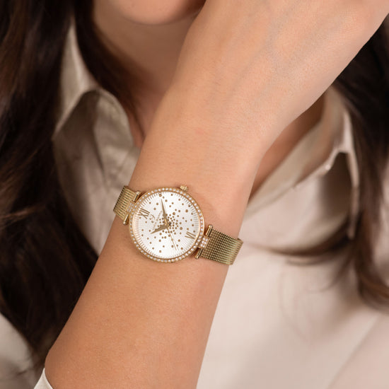 DAMEN IP GOLD STAHL UHR WEISS KRISTALL LÜNETTE