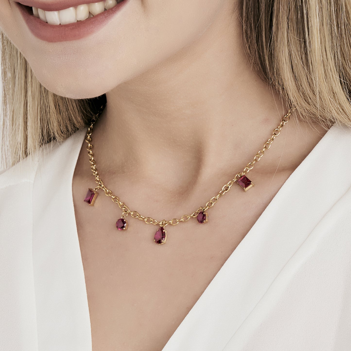 IP GOLD STAHL DAMEN HALSKETTE MIT KRISTALLEN FUCHSIA ANHÄNGER