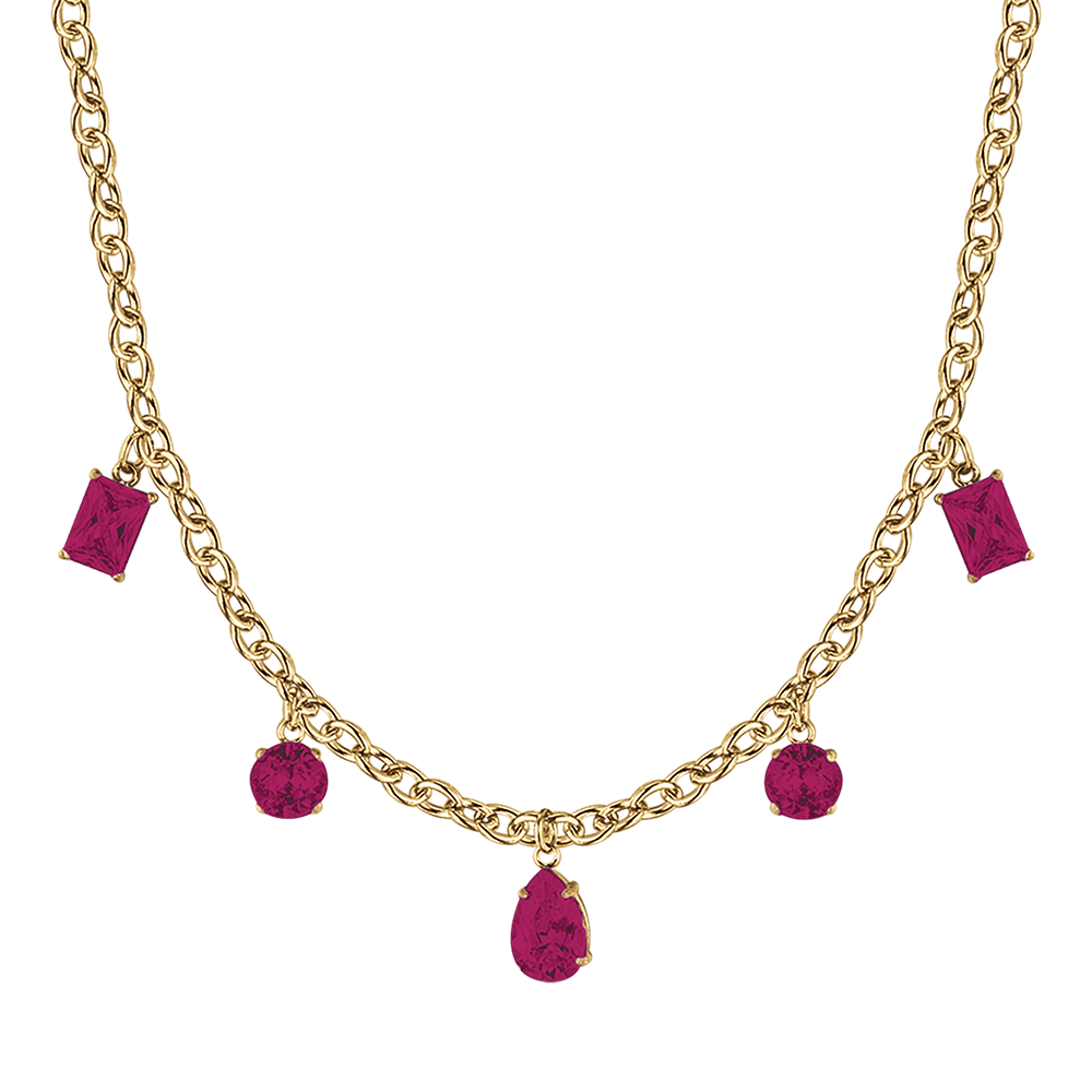 IP GOLD STAHL DAMEN HALSKETTE MIT KRISTALLEN FUCHSIA ANHÄNGER