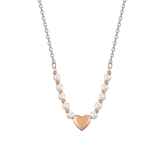 COLLANA DONNA IN ACCIAIO IP GOLD E PERLE BIANCHE CON CUORE IP ROSE