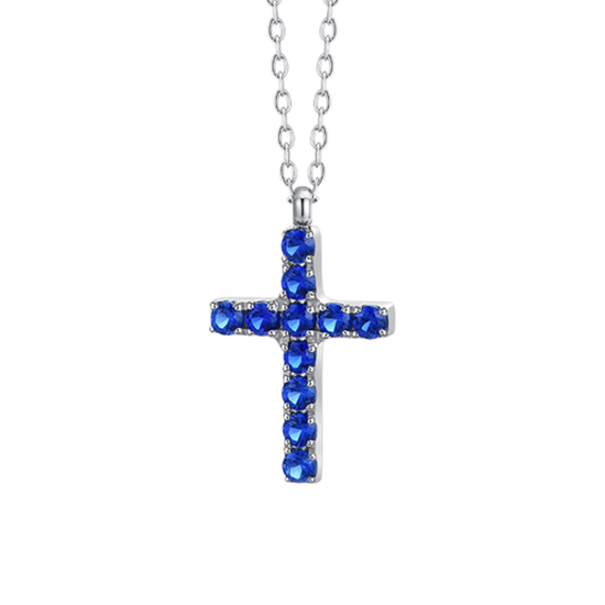 COLLANA DONNA IN ACCIAIO CON CROCE E ZIRCONI BLU