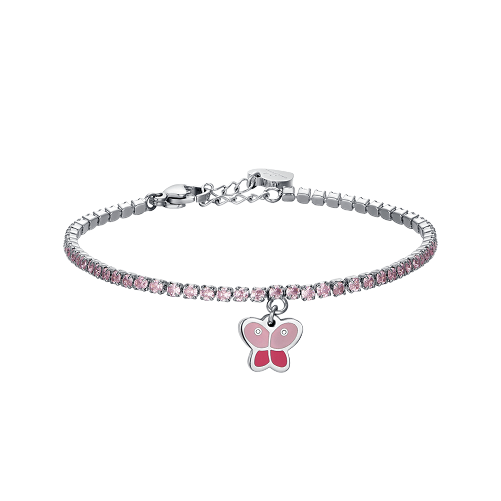 STAHL-TENNISARMBAND FÜR MÄDCHEN MIT ROSA KRISTALLEN UND SCHMETTERLING