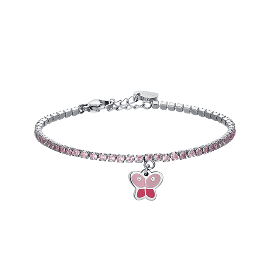 STAHL-TENNISARMBAND FÜR MÄDCHEN MIT ROSA KRISTALLEN UND SCHMETTERLING