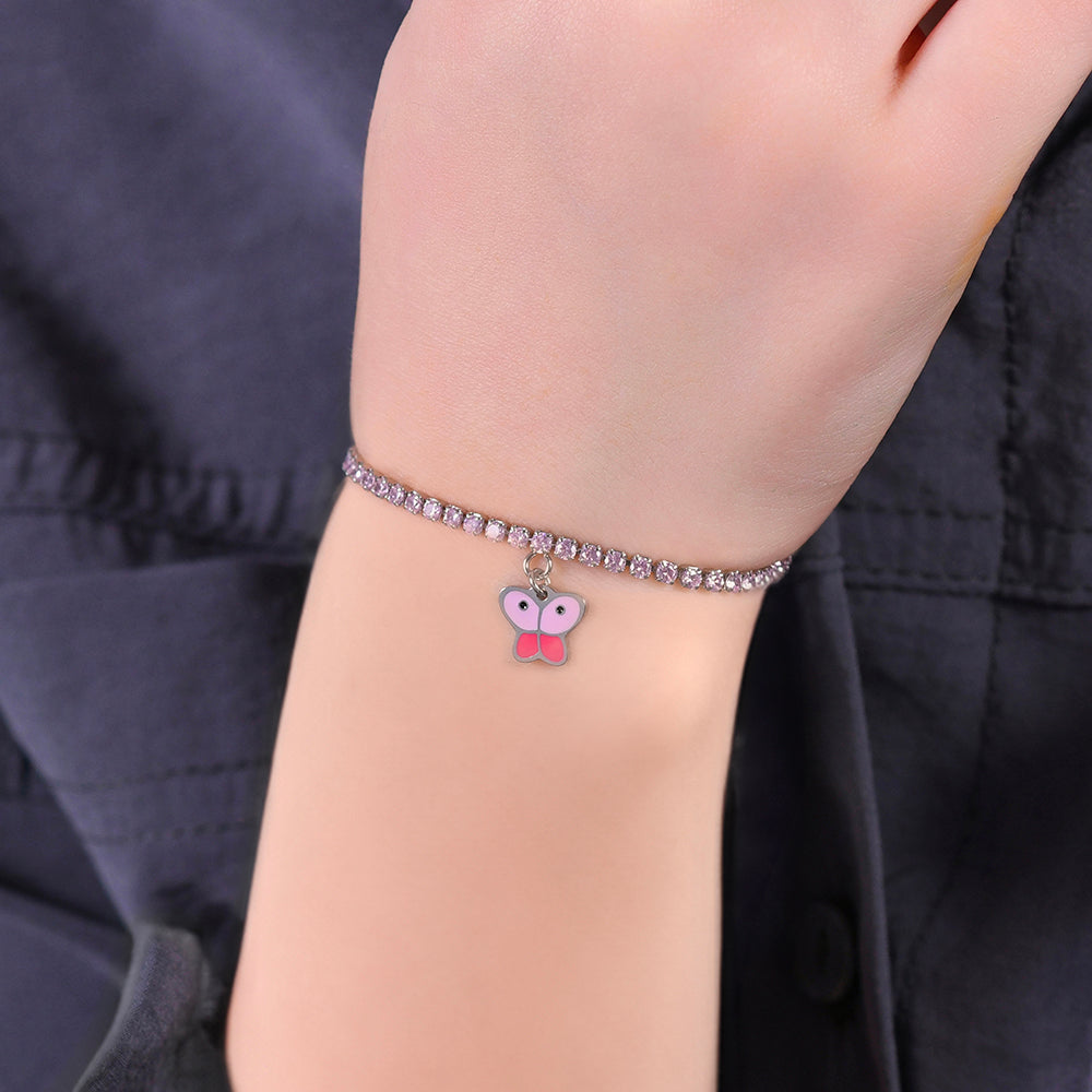 STAHL-TENNISARMBAND FÜR MÄDCHEN MIT ROSA KRISTALLEN UND SCHMETTERLING