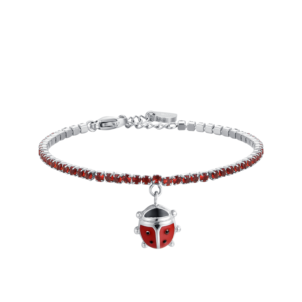 STAHL-TENNISARMBAND FÜR MÄDCHEN MIT ROTEN KRISTALLEN UND MARIENKÄFER