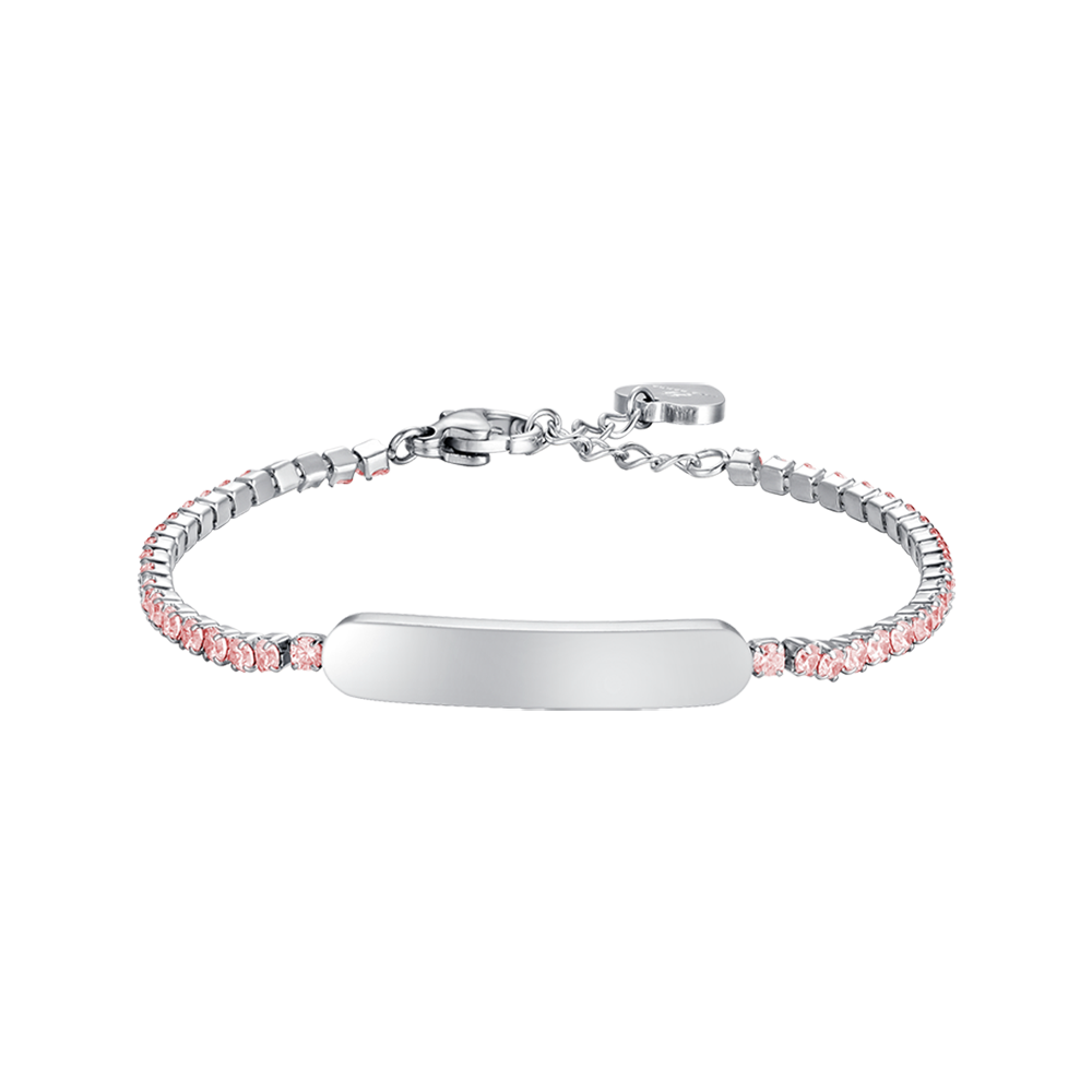 STAHL-TENNISARMBAND FÜR MÄDCHEN MIT ROSA KRISTALLEN UND PLATTE