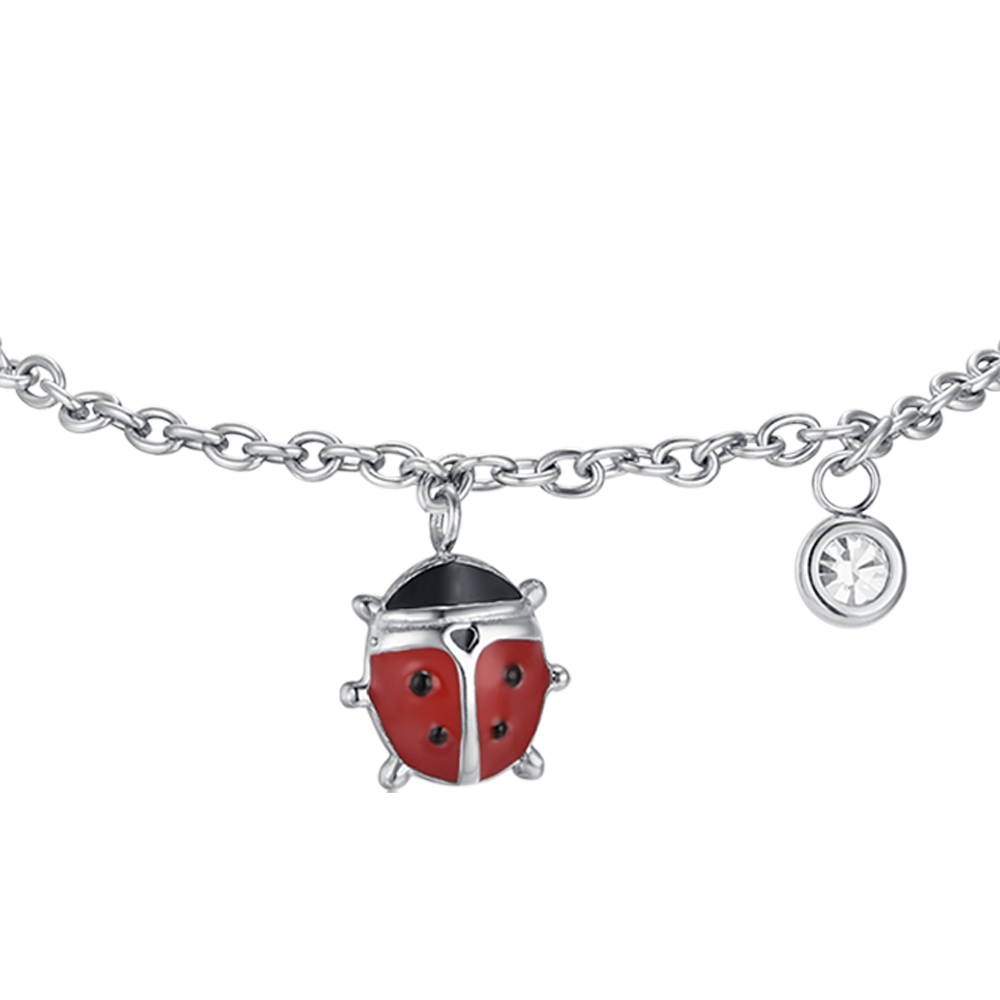 MÄDCHENARMBAND AUS STAHL MIT MARIENKÄFER AUS ROTER UND SCHWARZER EMAILLE UND KRISTALL