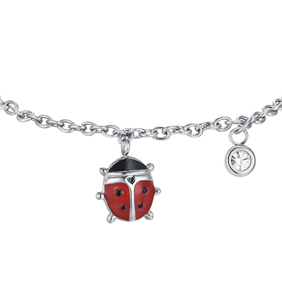 MÄDCHENARMBAND AUS STAHL MIT MARIENKÄFER AUS ROTER UND SCHWARZER EMAILLE UND KRISTALL