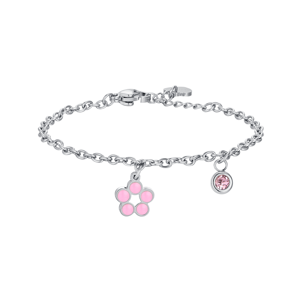 BLUMENARMBAND AUS STAHL MIT ROSA UND WEISSER EMAILLE UND KRISTALL