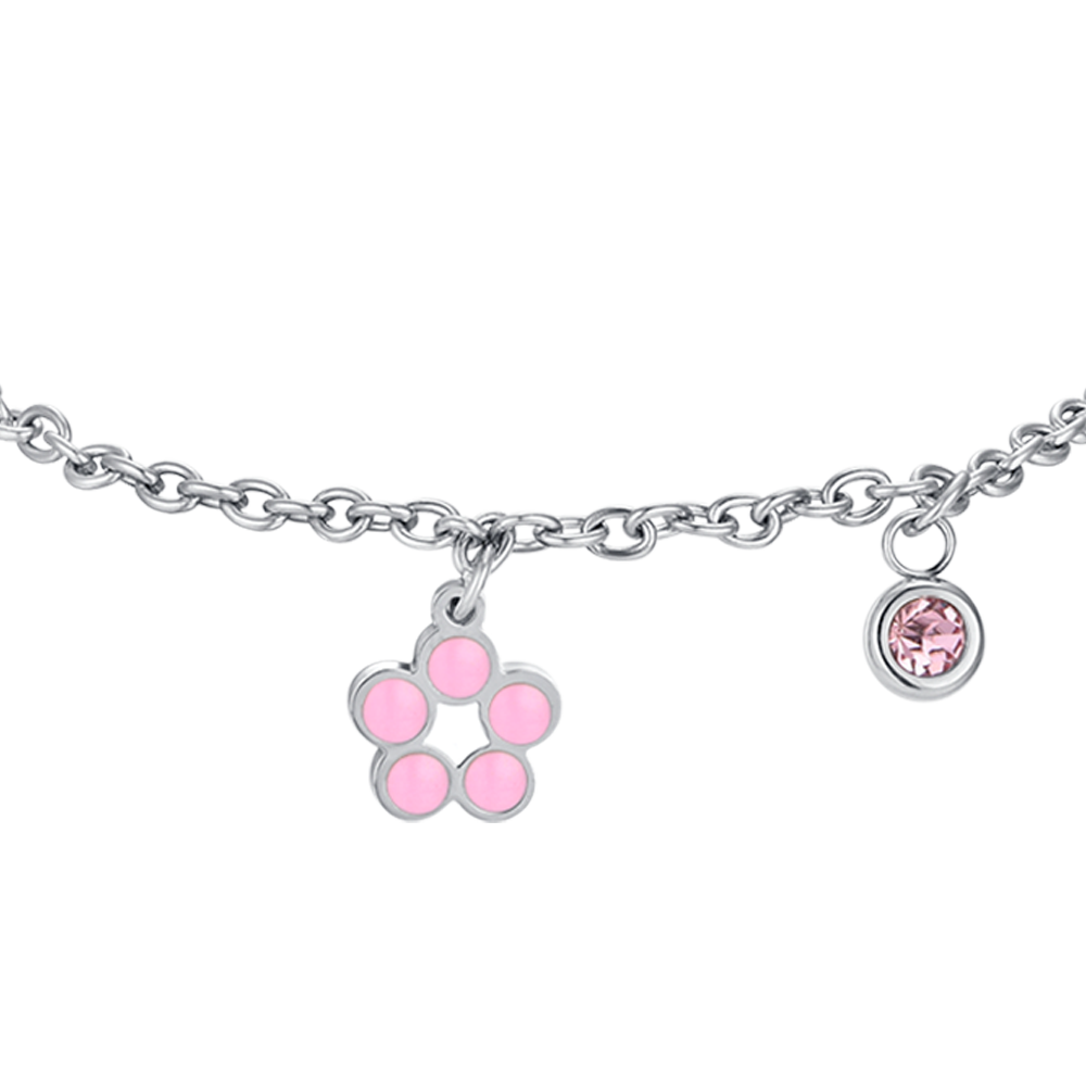 BLUMENARMBAND AUS STAHL MIT ROSA UND WEISSER EMAILLE UND KRISTALL