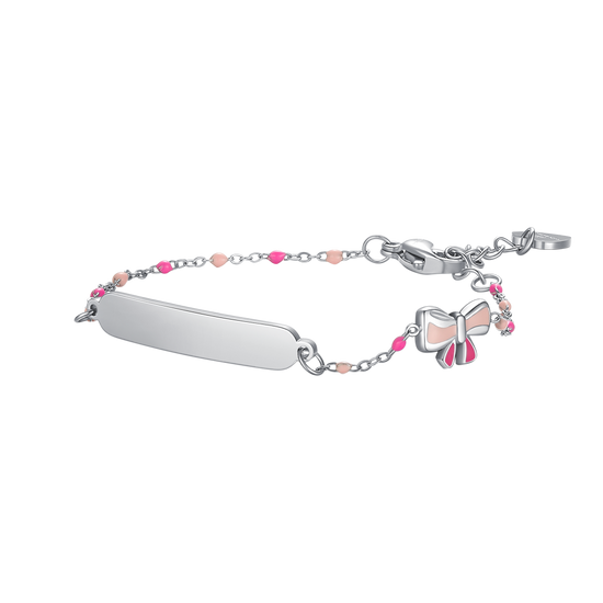 BRACCIALE IN ACCIAIO, PIASTRA E FIOCCO CON SMALTO ROSA E FUSCIA E PIETRE COLORAT