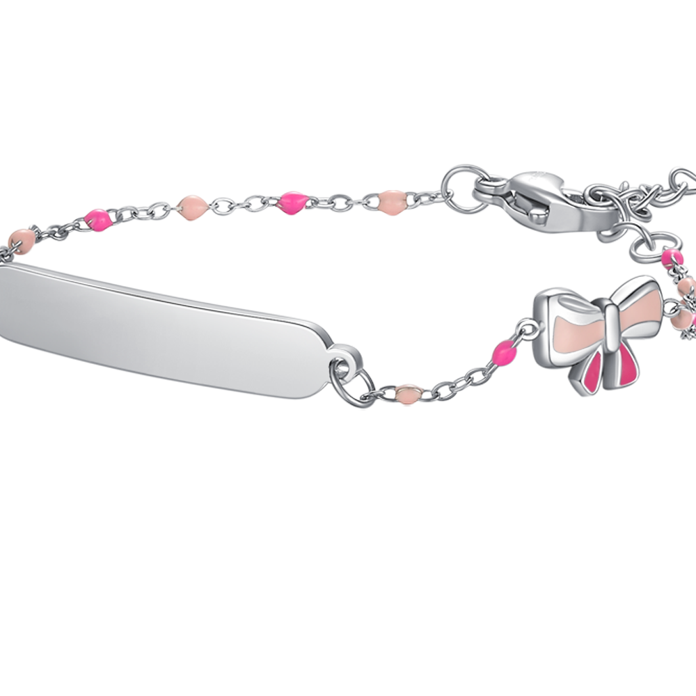 BRACCIALE IN ACCIAIO, PIASTRA E FIOCCO CON SMALTO ROSA E FUSCIA E PIETRE COLORAT