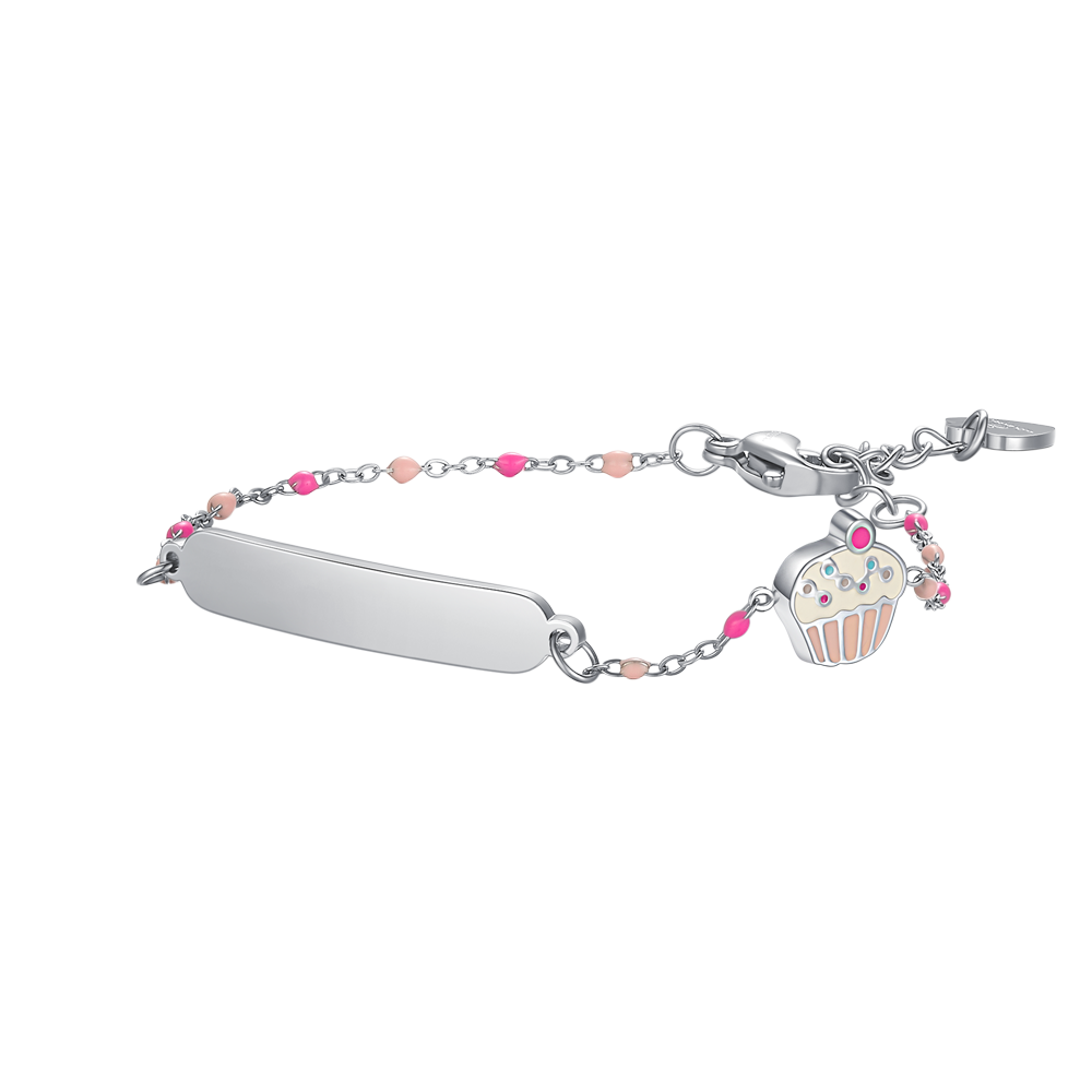 BRACCIALE IN ACCIAO, PIASTRA CON SMALTO ROSA E FUCSIA E PIETRE COLORATE