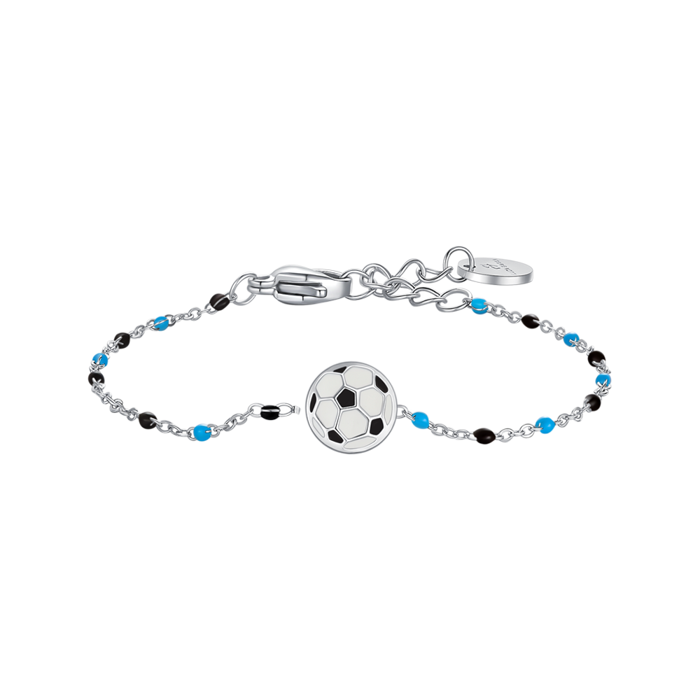 BRACCIALE IN ACCIAIO CON PALLONE E PIETRE AZZURE E NERE