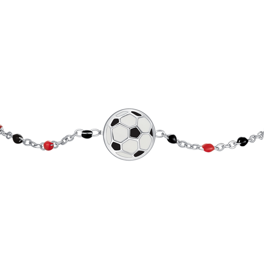 BRACCIALE IN ACCIAIO CON PALLONE E PIETRE NERE E ROSSE