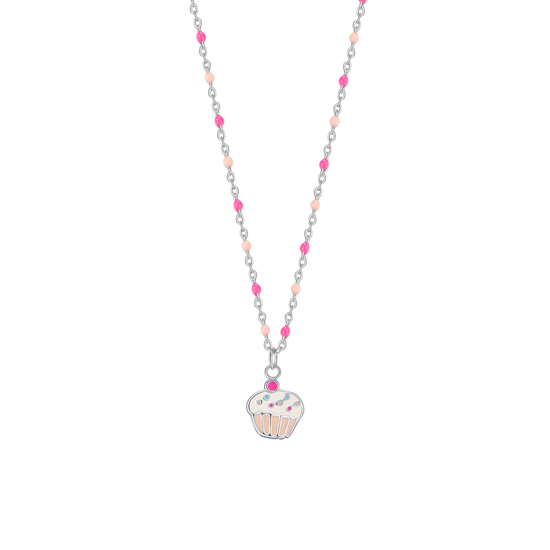 COLLANA IN ACCIAIO, CUPCAKE CON SMALTO ROSA E FUCSIA E PIETRE COLORATE