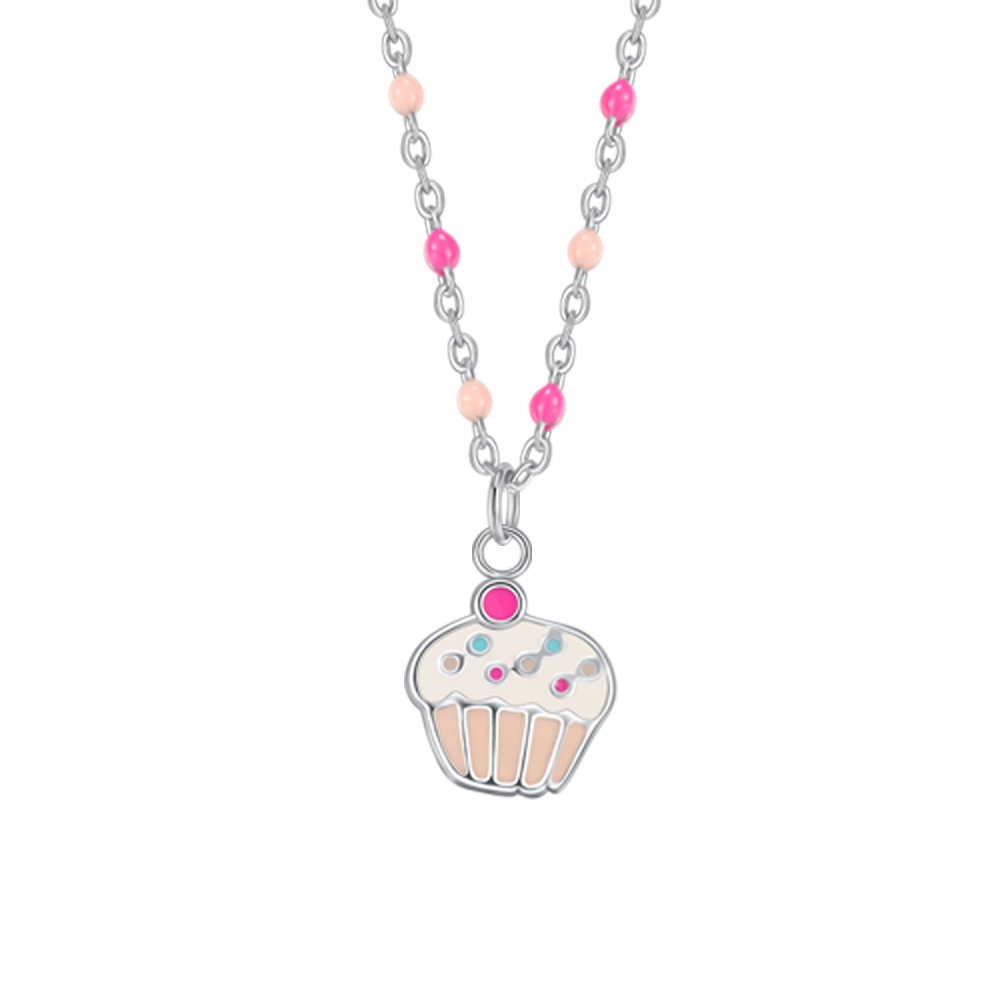 COLLANA IN ACCIAIO, CUPCAKE CON SMALTO ROSA E FUCSIA E PIETRE COLORATE